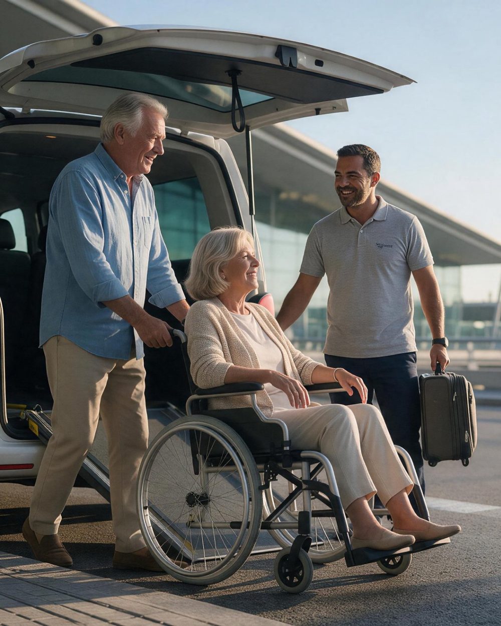 A woman in a wheelchair, smiling, next to a van with its ramp down, together with a man and a driver at an airport